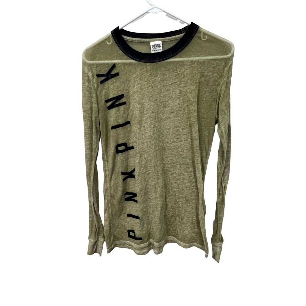 Pink Victoria's Secret Women's Side Logo Acid Wash Long Sleeve Tee Green Size XS